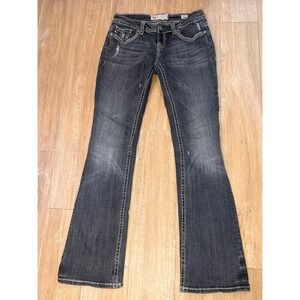 MEK Denim Oaxaca Bootcut Jeans Dark Wash Distressed Contrast Stitch 27x34
